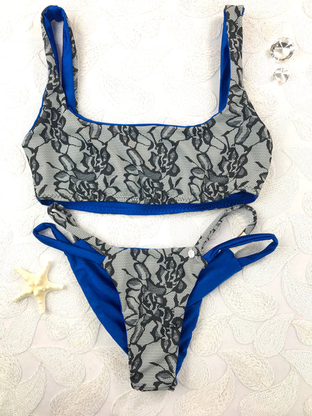 Custom Royal Blue Grey Floral Plunge Neck 4:1 Flip It Reversible Bikini (Emily Hayden)