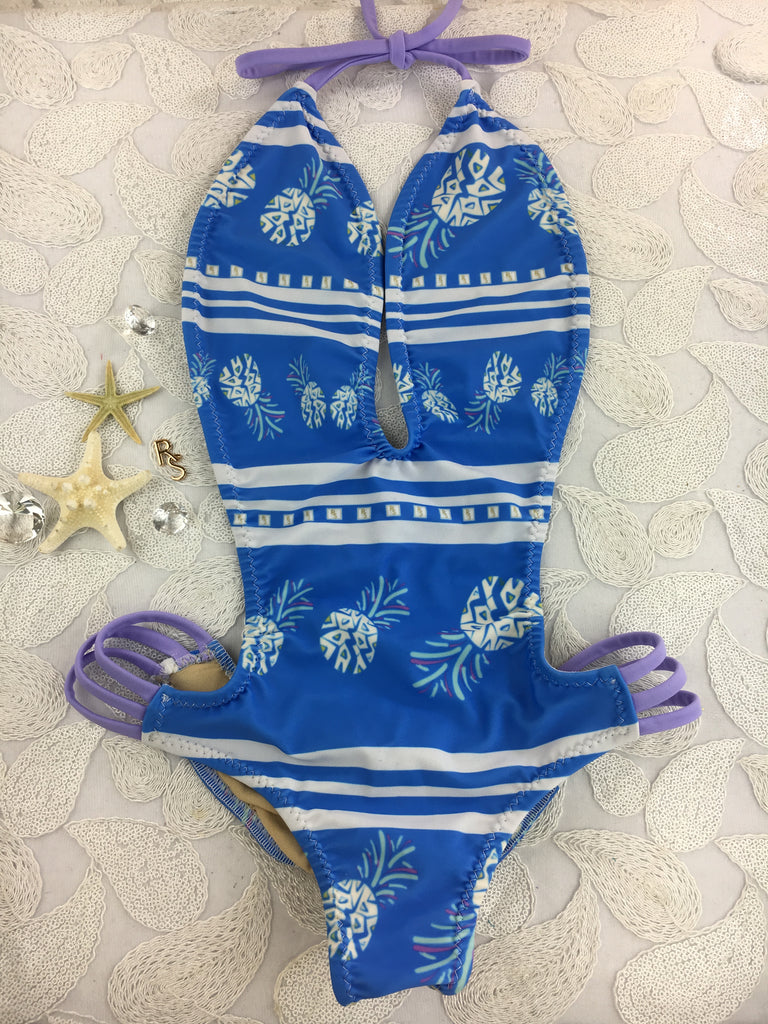 Custom Blue White Lavender Ravish Exclusive One piece with multi string sides and open back (available any color and any butt coverage)