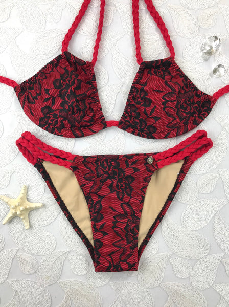 Red Black Floral Amber Bikini NO Scrunch Butt Brazilian Cheeky Quickship