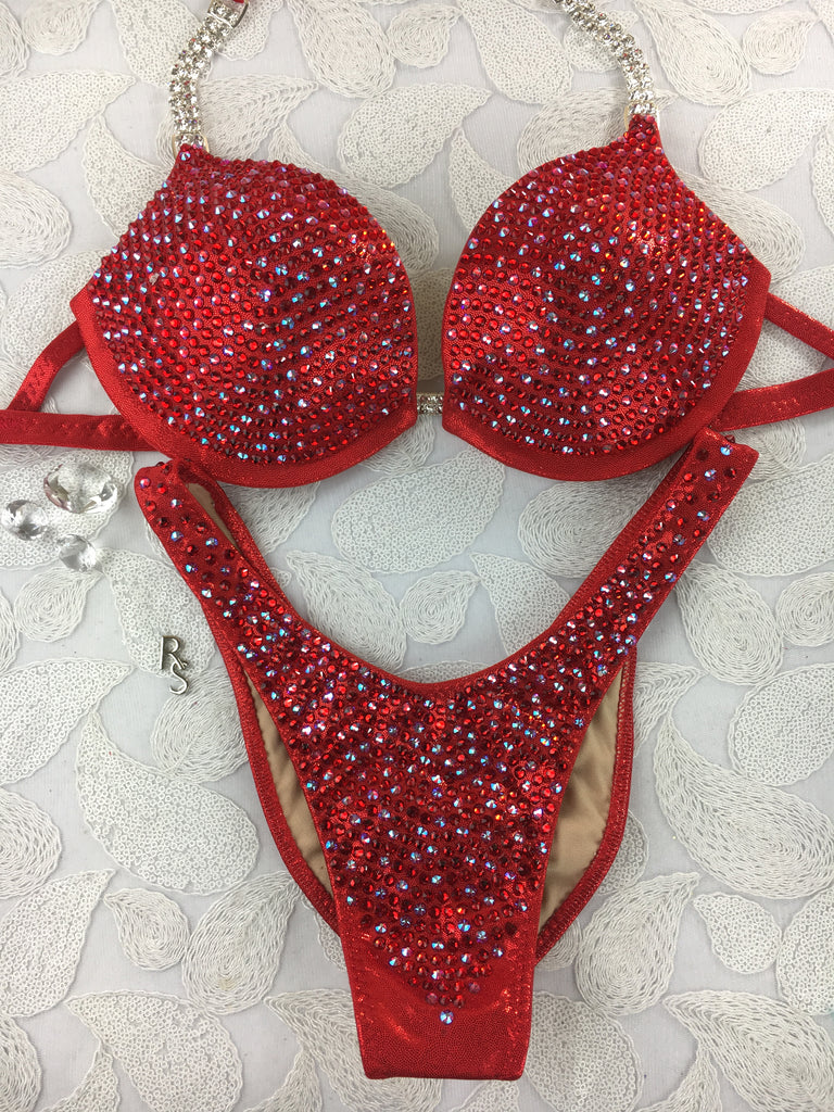 Quick View Competition Bikinis Red Bling Luxe Swarovski Underwire Push up bra (European style bottoms however can be done regular style with connectors