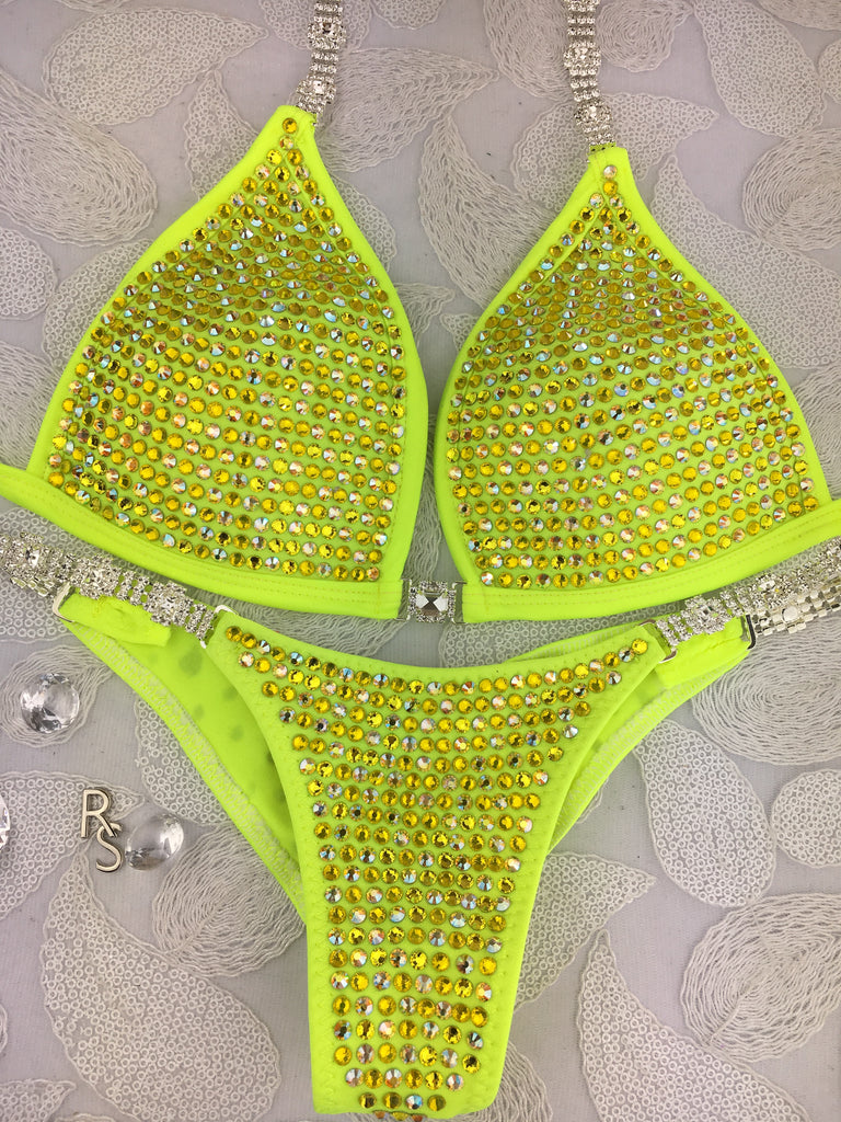 Custom Competition Bikinis Neon Yellow Bling Luxe Crystals Molded cup upgrade included