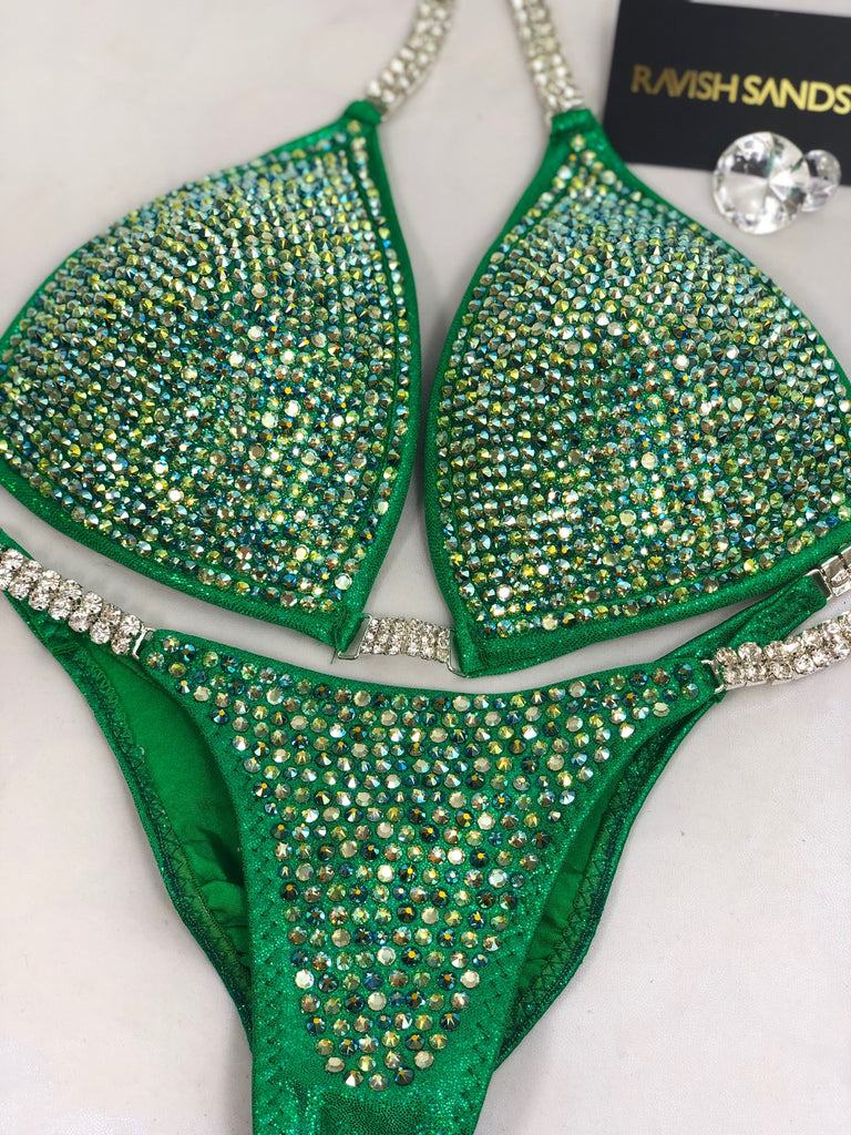 Custom Kelly green DELUXE Luxe W/Color crystals Competition Bikini  and molded cup Included
