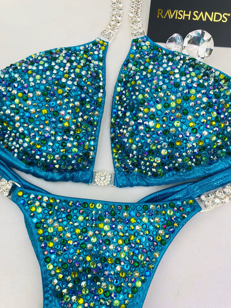 Custom Competition Bikinis Multitone (teal,greens,blues) Swarovski mix