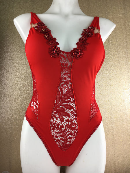 Custom Red Lace Peekaboo Patchwork one piece