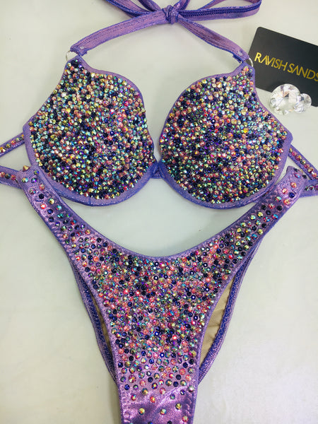 Custom Competition Bikinis Lilac/Purple/Pink Bling Luxe Underwire Push up bra (European style bottoms however can be done regular style with connectors