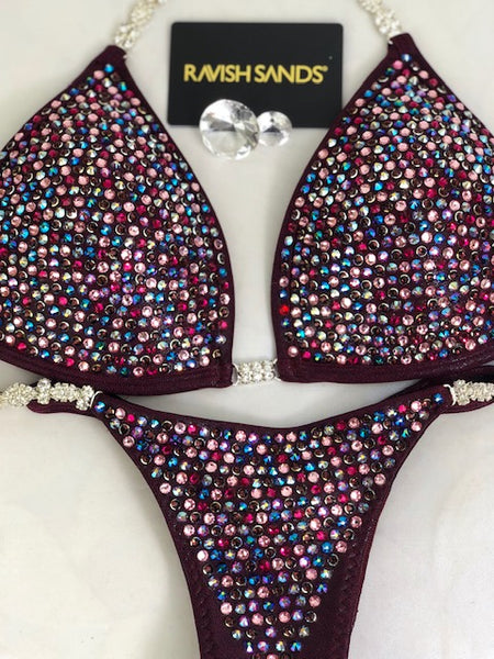 Custom Competition Bikinis Merlot/Burgundy Bling Luxe Swarovski Crystals (Molded cup)