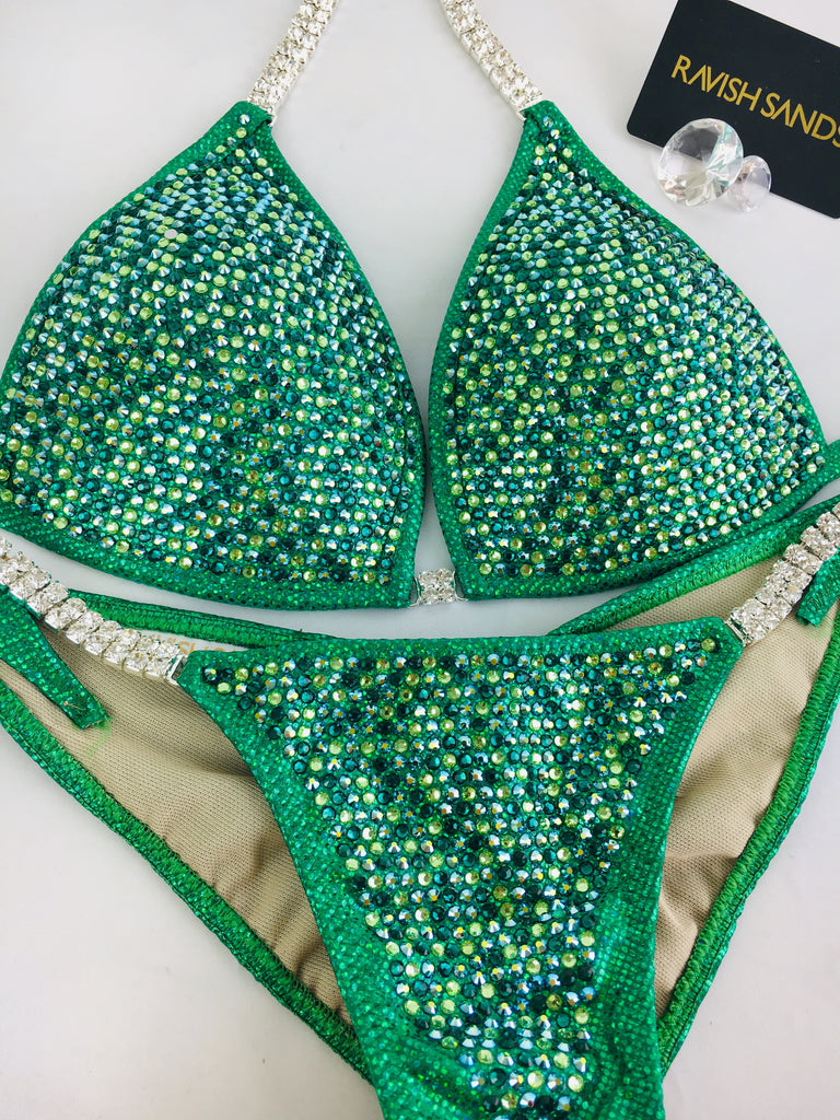 Custom Competition Bikinis Green Bling deLuxe w/molded cup included Suit Special $446