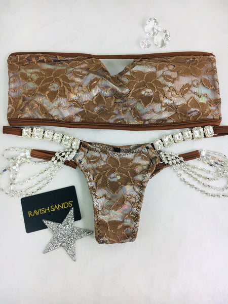 Custom Peekaboo Strapless Brown Lace over Opal Multi String Embellished Pool Party Bikini Custom Made to order***(SUIT SOLD PER PIECE OR SET, price varies) (hope)