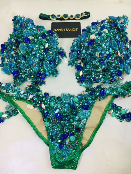 Custom Blue/Teal/Turquoise/Emerald Gem Themewear bikini $699 with choker or bikini and wings $1300
