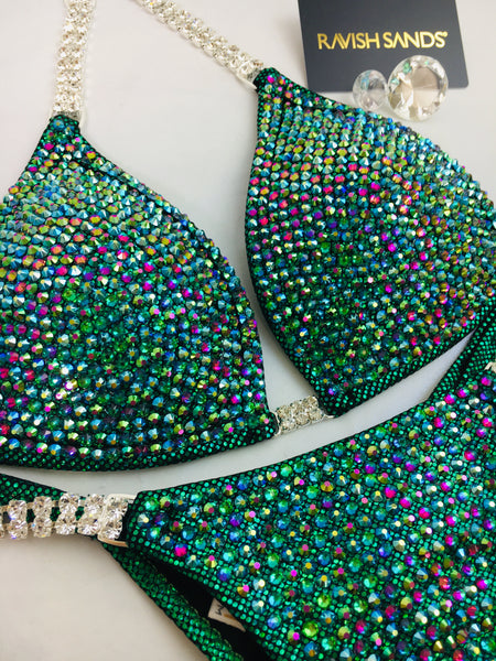 Custom Competition Bikinis Rainbow Emerald Green Molded Cup 