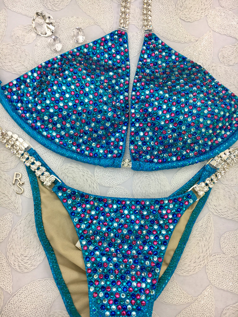 Quick View Competition Bikinis Blue Turquoise Pink Rainbow Bling Luxe Swarovski