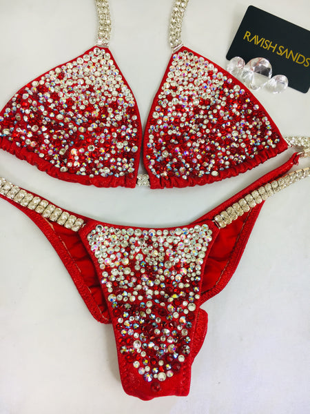 RENTAL #50 Red Iridescent Small Top/micro cheeky color crystal upgrade (we size bottoms to your measurement)