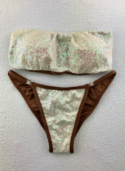 Cream Brown Sequin Seamless Strapless Bikini (We size to measurements) Brazilian Cheeky