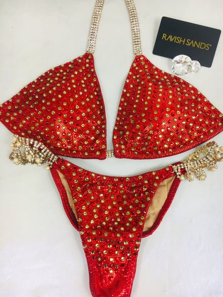 RENTAL #37 Red Bling Celebrity Medium Top/Mini Micro cheeky color crystal upgrade (we size bottoms to your measurement) **we can change bottom connectors to match the top