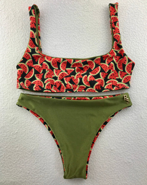Custom Watermelon Army Green Plunge neck 4:1 Flip It Reversible Highwaisted Bikini (NO Cheeky)