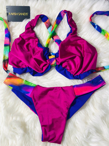 Purple Fuchsia Glitter 4:1 Reversible Bikini Fits One Size Top S/M Brazilian Cheeky Bottoms(Arnold)