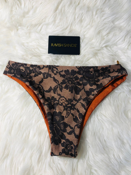 Bottoms Only S/M Copper Black Floral Highwaisted 2:1 Reversible Bikini Brazilian NO Cheeky(Arnold) Bottoms