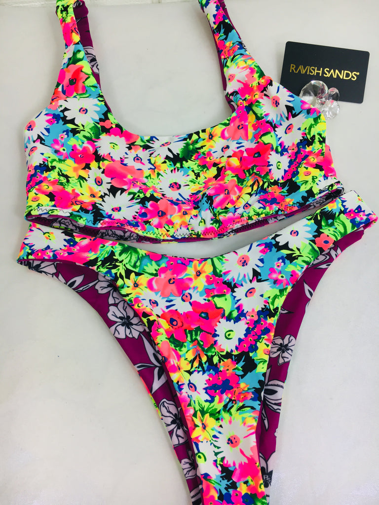 Custom 2:1 plunge and Highwaisted any fabric color combo ***no scrunch in Butt of this product***(SUIT SOLD PER PIECE OR SET, price varies) neon Floral