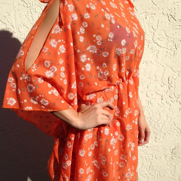 Quick Ship Shoulder Slit Orange Floral Cover Up