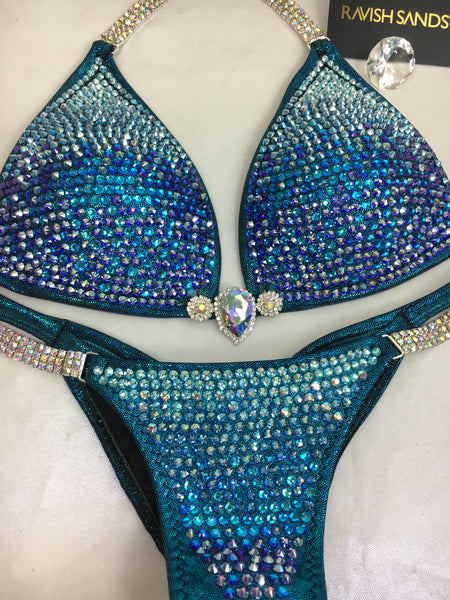 Custom Competition Bikini Blue Teal Sparkle Gradient Ombre