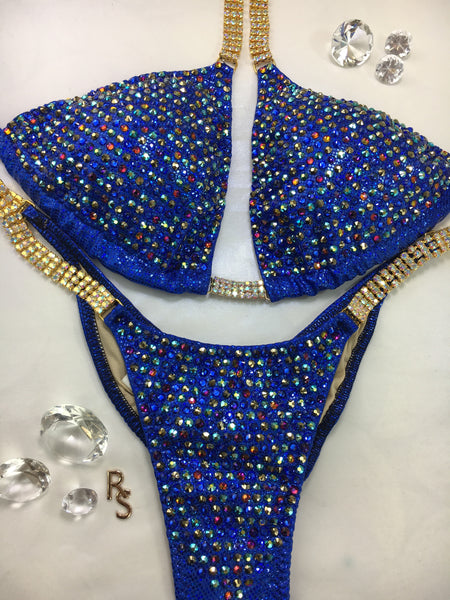 Quick View Competition Bikinis Blue Bling Luxe Special order Gold ab connectors