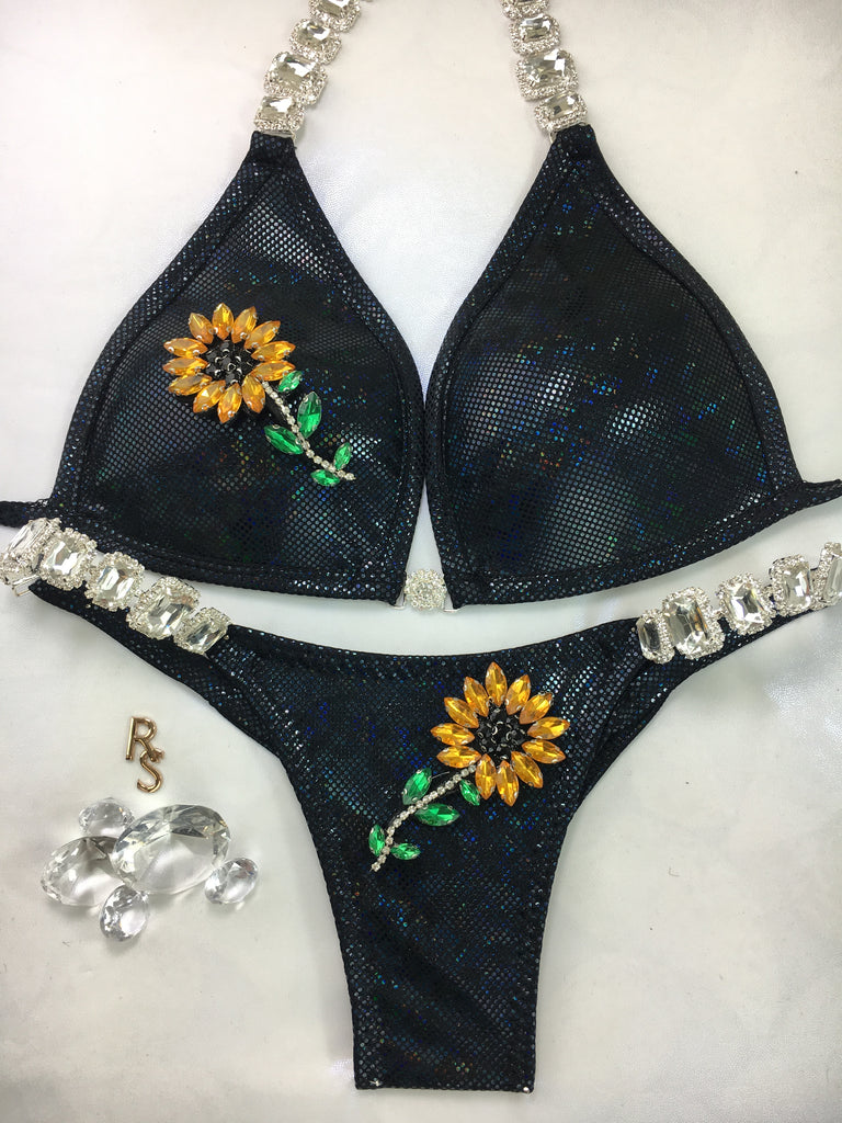 Custom Posing Exclusive Sunflower bikini w/Embellishment  (choose any fabric color/choice of connectors)