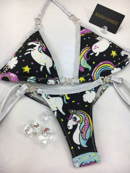 Custom Unicorn, Cat, Ice Cream, Donut Posing Bikini w/tie string and embellishment (any color trim)