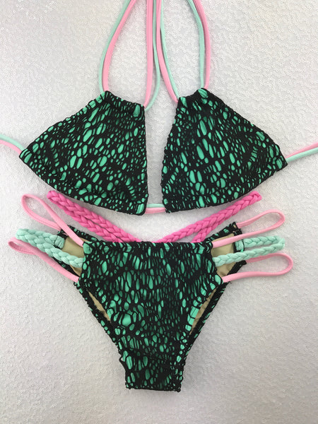 Black Mesh Mint Multistring Bikini/Midcoverage Cheeky
