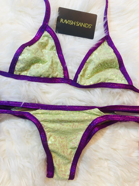 Green Purple Trim Sequin Bikini/Brazilian Cheeky Quickship