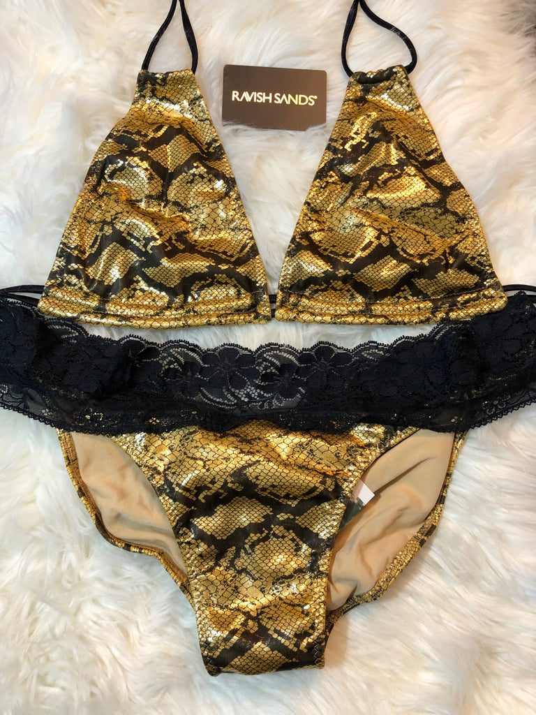Gold Black Snake Lace Band Bikini Large Skinny Top/XL Pageant Cheeky Quickship