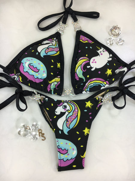 Custom Unicorn, Cat, Ice Cream, Donut Posing Bikini w/tie string and embellishment (any color trim)
