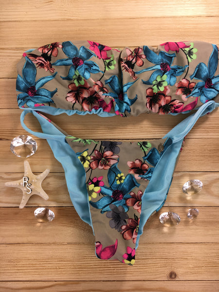 Custom Tan Light Blue Floral Seamless Strapless 4:1 Reversible Bikini