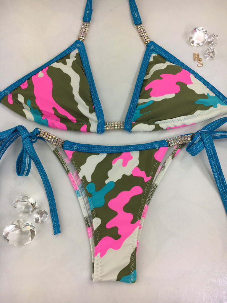 Custom Pink Blue Camo Posing Bikini w/tie string and embellishment (any color trim)