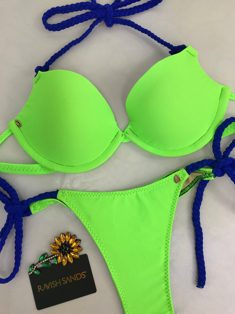 Custom made Neon Green Royal Blue Underwire Bra top with Braid tie string bottoms (any color request welcome)***(SUIT SOLD PER PIECE OR SET, price varies)
