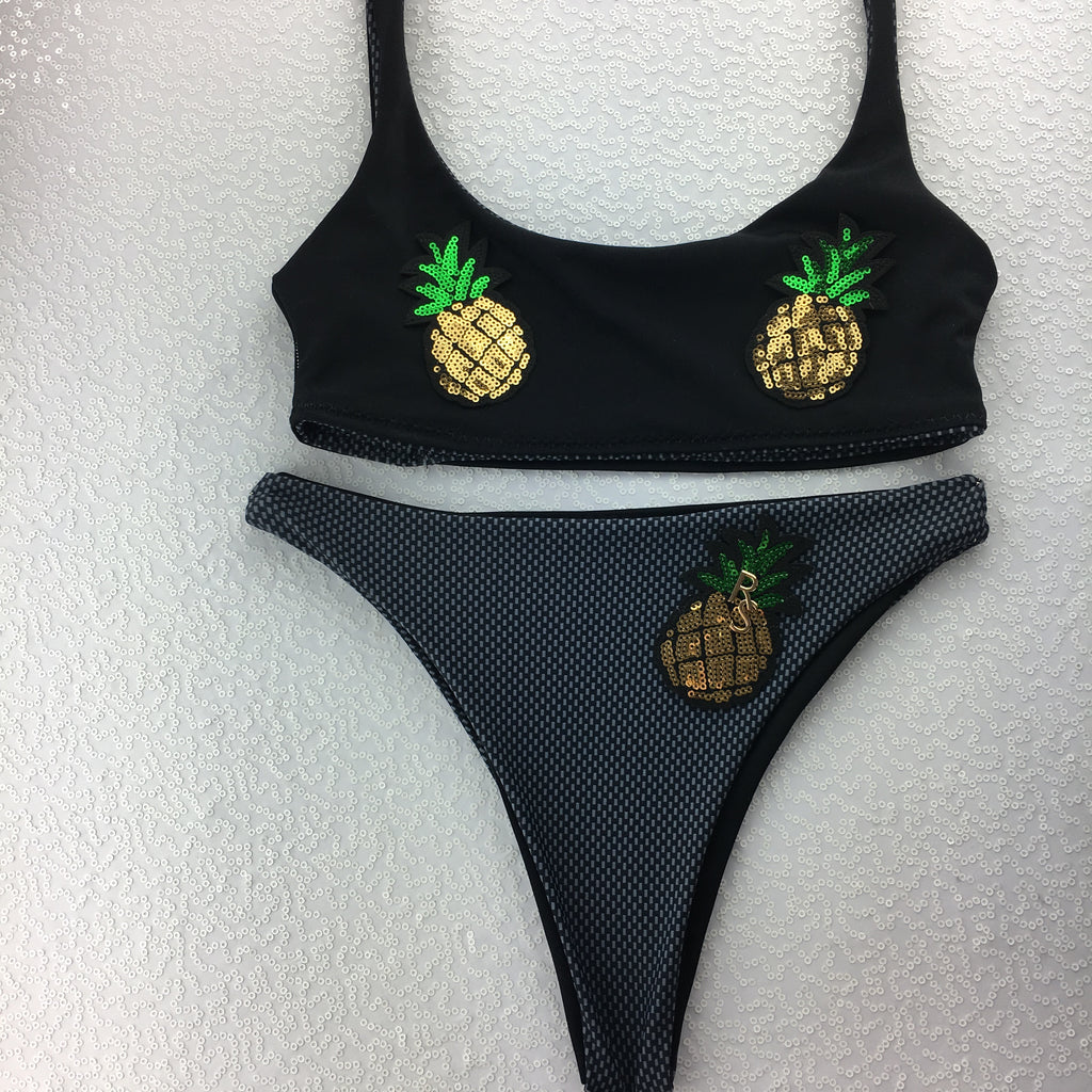 Custom Pineapple Plunge Neck Bralette Highwaisted Ultra sexy REVERSIBLE Bikini Sequin Pineapple Applique***(SUIT SOLD PER PIECE OR SET, price varies)