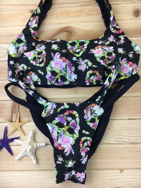 Custom Black Floral Skulls Plunge neck 4:1 Flip It Reversible Bikini(SUIT SOLD PER PIECE OR SET)price varies