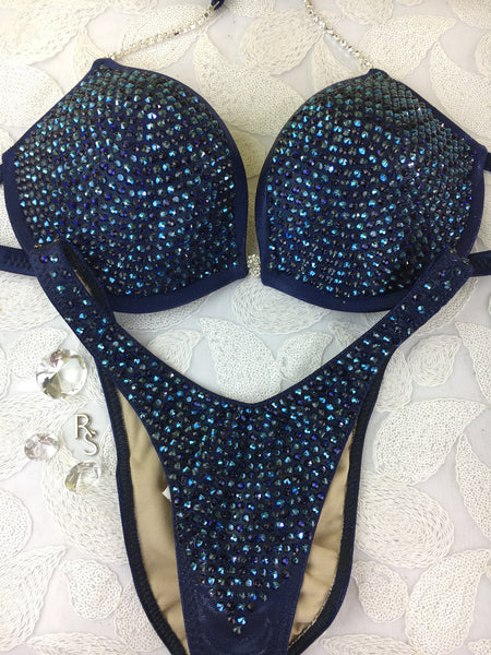 Quick View Competition Bikinis Navy Blue Bling Luxe Underwire Push up bra (European style bottoms however can be done regular style with connectors