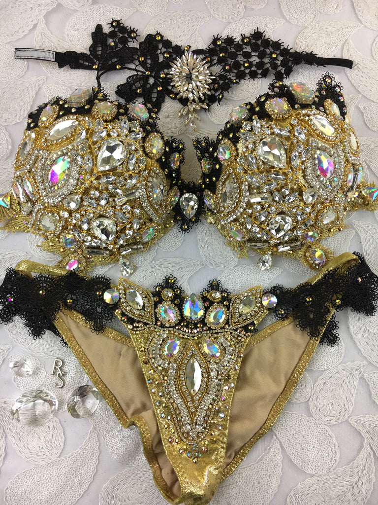 Custom Black/gold Vixen Themewear bikini w/choker $799