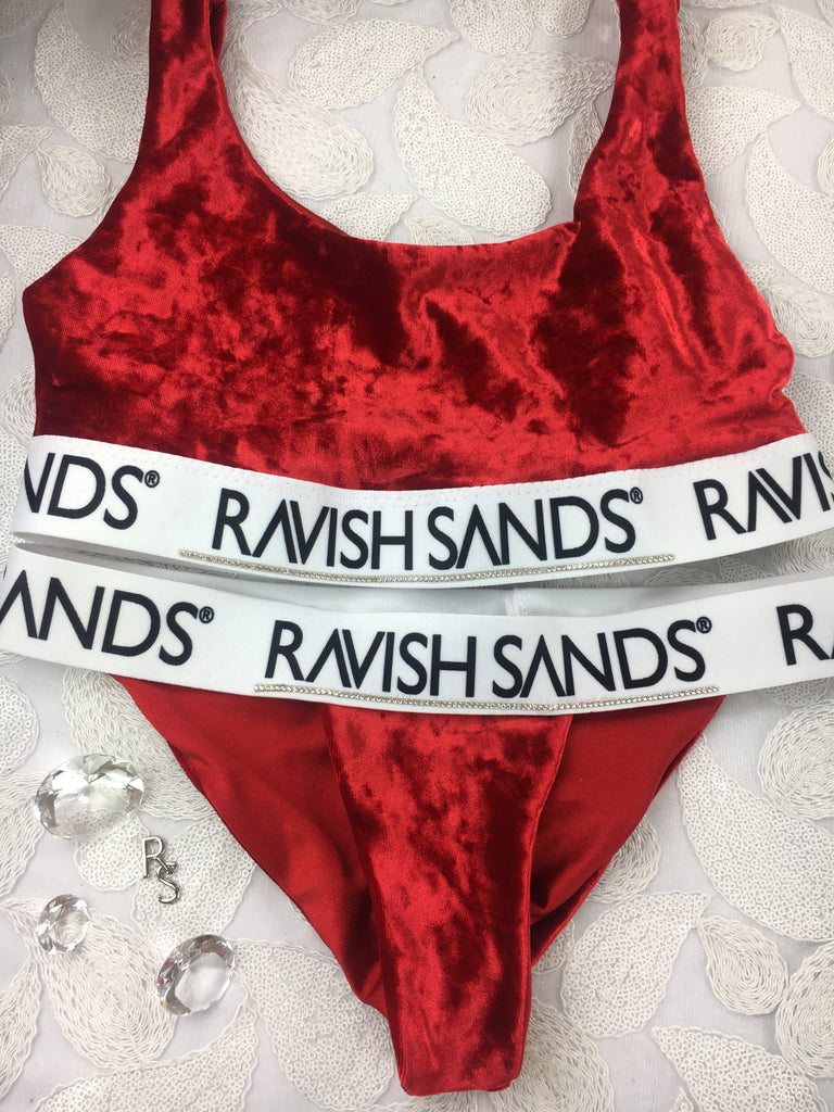Custom Plunge Neck Bralette Red Velvet Ravish Sands Exclusive Logo Mon –  Ravish Sands