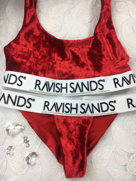 Custom Plunge Neck Bralette Red Velvet Ravish Sands Exclusive Logo Monogram band (RS bling trim) ***(SUIT SOLD PER PIECE OR SET, price varies)