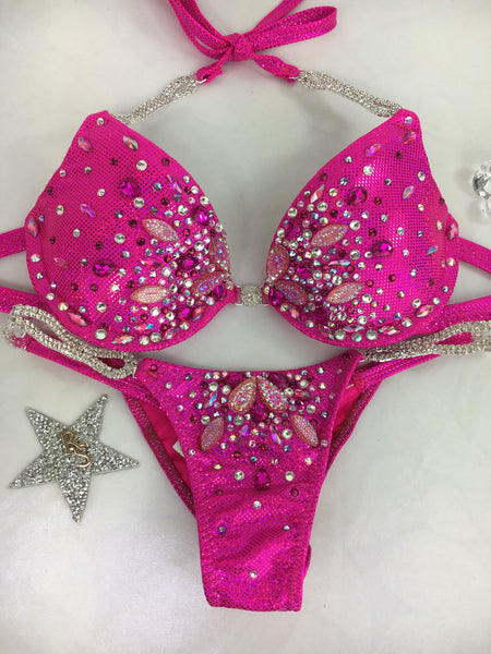Custom Competition Bikinis Pink Bedazzled Lilyburst with Underwire Bra