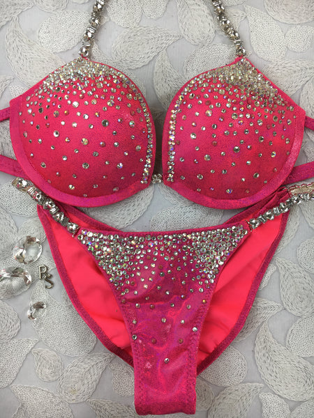 Quick View Competition Bikinis Coral/Pink Underwire Push Up Bra Tear Drop Diamond Princess