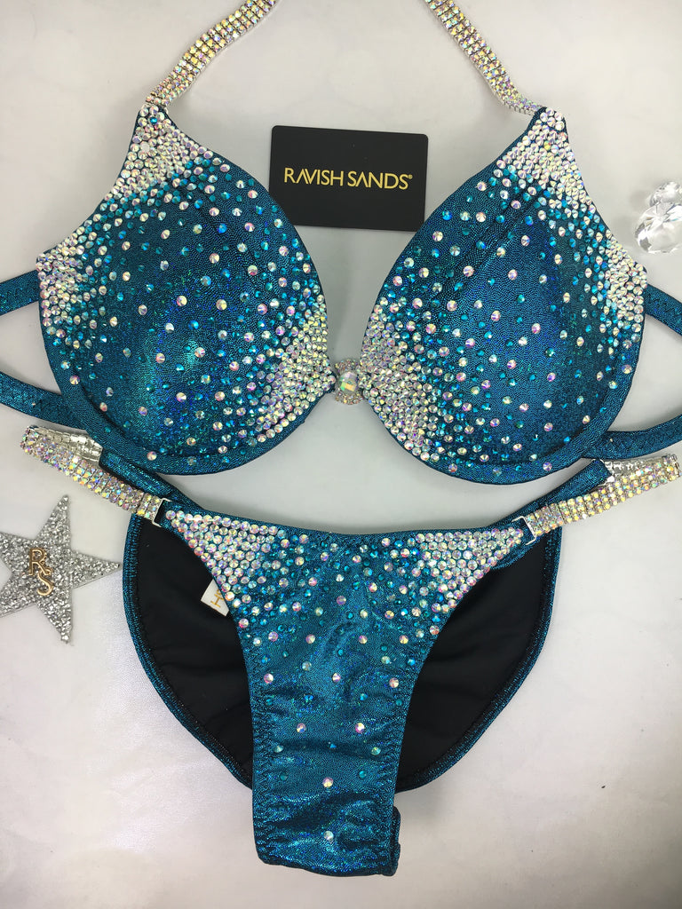 Custom Competition Bikinis Teal Underwire Bra Diamond Princess Starburst Elite