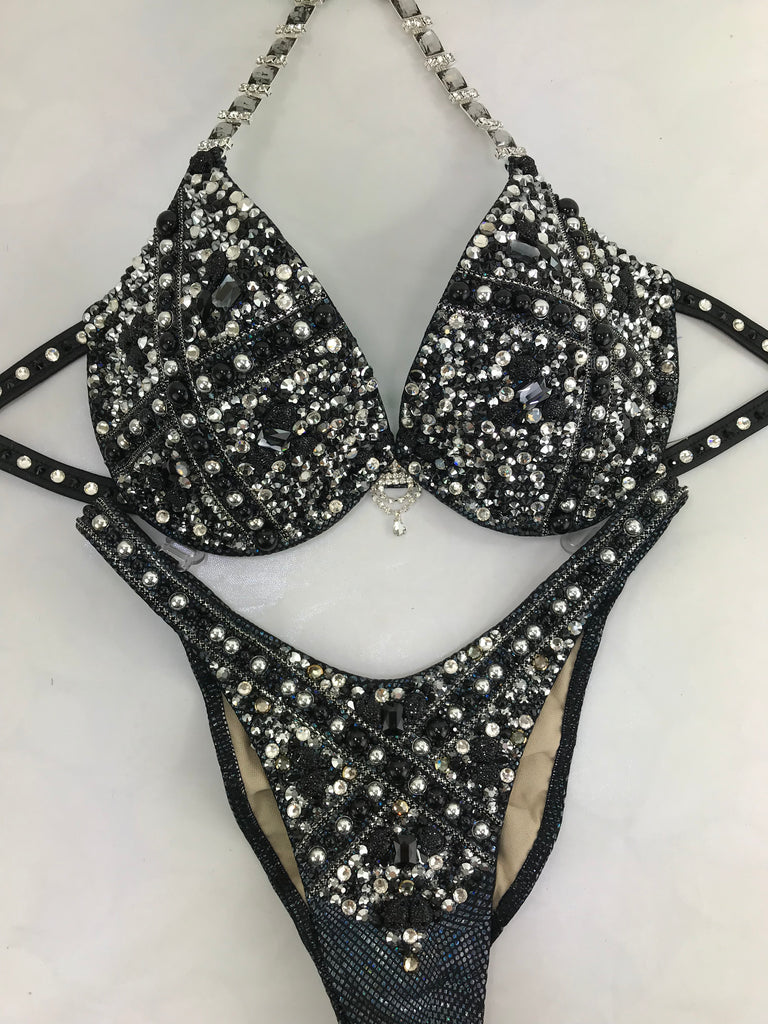 Custom Competition Figure Suit Black with color crystals and Underwire bra cup