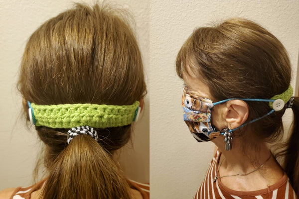 Crochet Face mask Pony tail support band (so you don't have to wear around the ears) Available in black, pink, green, grey, pastel (handmade in USA)