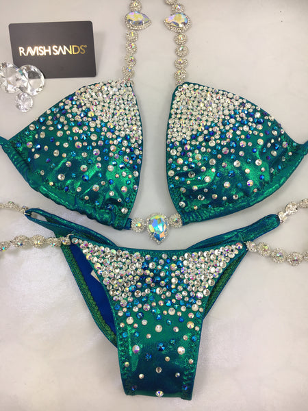 Custom Competition Bikinis Green/teal Bubbles Diamond Princess Elite