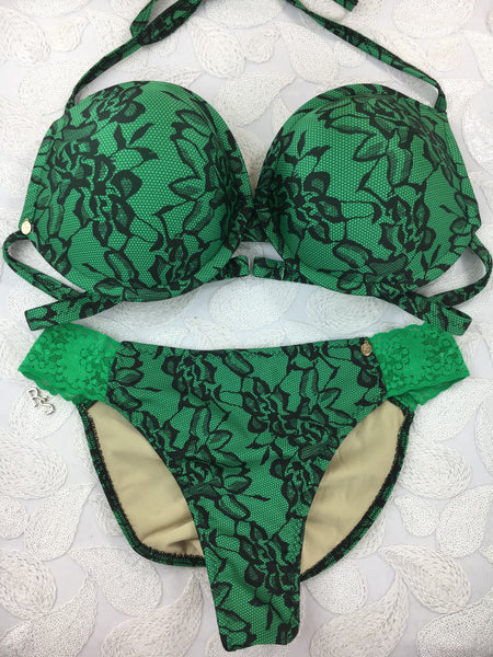 Custom Green Black Floral Underwire Push Up bra with Green lace (any fabric option welcome)***(SUIT SOLD PER PIECE OR SET, price varies)