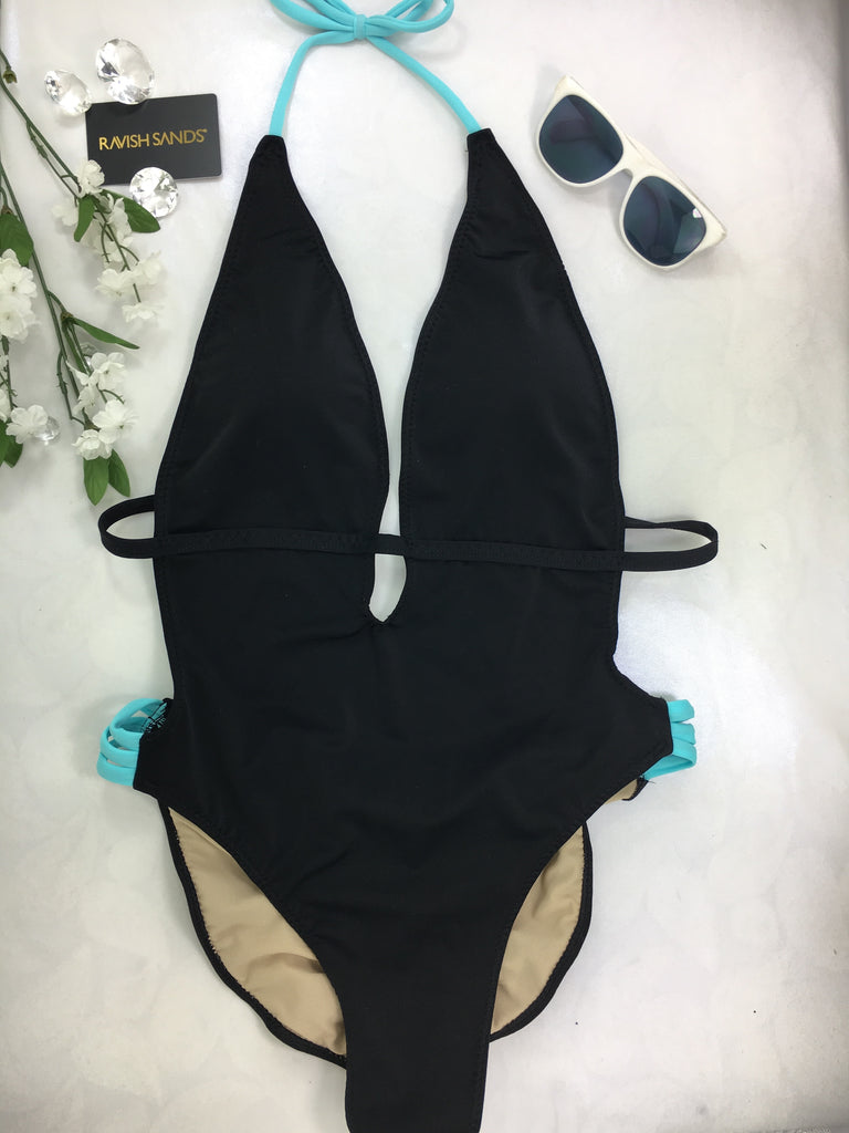 Custom Black One piece with multi string sides and open back (available any color and any butt coverage)