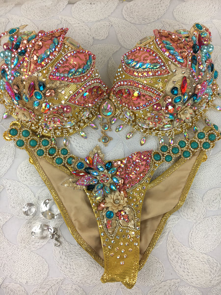 Custom Gold/Coral/Turquoise Themewear bikini only $699 includes choker
