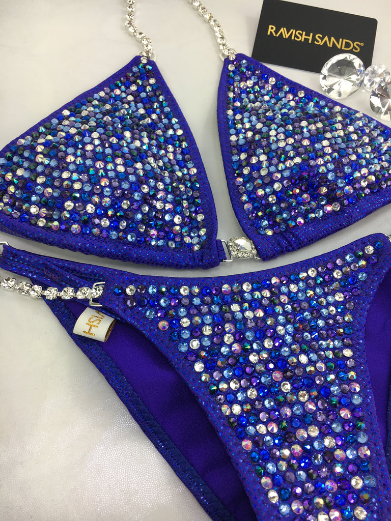 Custom Competition Bikinis Blue purple Multi tone bikini (These are a random mixture of crystals to match fabric)  $449 when promocode entered